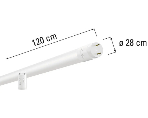 Abbildung einer 120 cm langen und 28 cm breiten LED-Röhre.