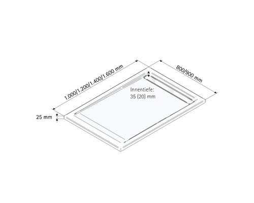 Dessin technique d'un receveur de douche avec des indications de dimensions.