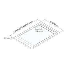 Schéma technique d'un receveur de douche avec des dimensions de 800/900 mm, 1000/1200/1400/1600 mm et une profondeur intérieure de 35 (20) mm