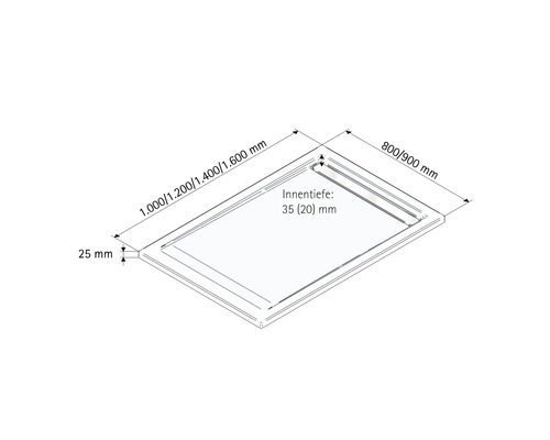 Schéma technique d'un receveur de douche avec des dimensions de 800/900 mm, 1000/1200/1400/1600 mm et une profondeur intérieure de 35 (20) mm