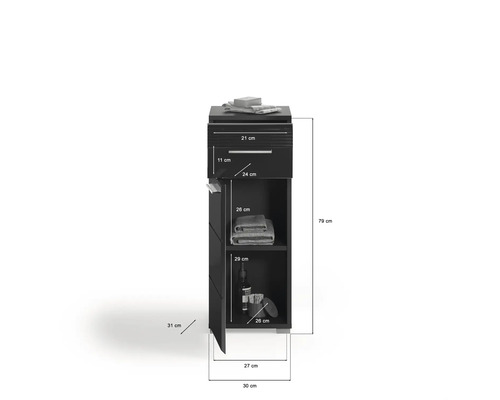 Meuble de salle de bains avec tiroir, porte et dimensions intérieures