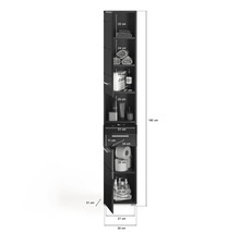 Schmaler, offener Badezimmerschrank mit Regalböden und Größenangaben