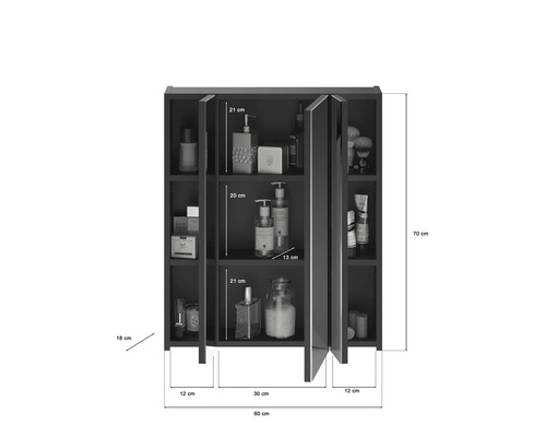 Armoire de salle de bain avec miroir et dimensions.