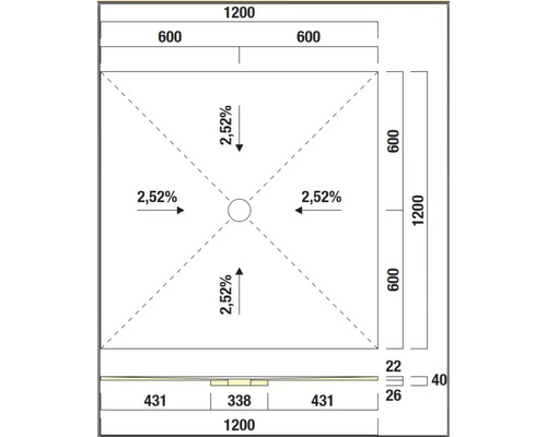 Schéma technique d'un receveur de douche avec cotes