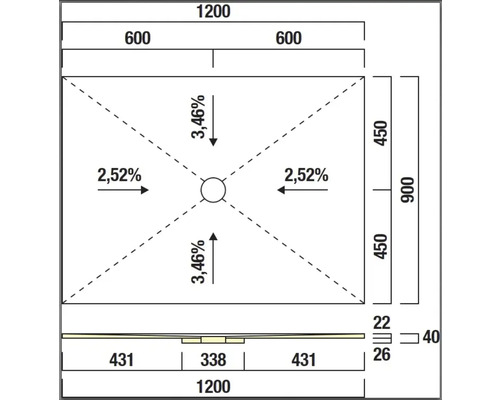 Dessin technique d'un receveur de douche avec dimensions