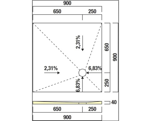 Technische Zeichnung einer Duschwanne mit Maßangaben