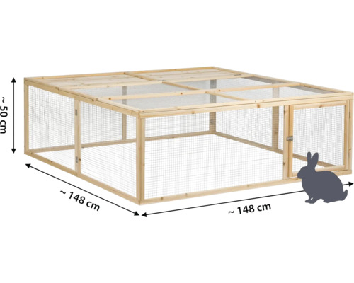 Parc d'ébats en bois avec grillage et couvercle, environ 148 x 148 x 50 cm