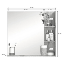 Miroir de salle de bain avec étagère et indications de mesure