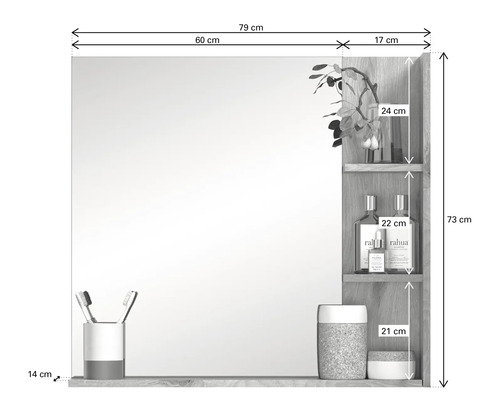 Miroir de salle de bain avec étagère et indications de mesure