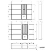 Technische Zeichnung eines Badezimmerschranks mit Waschbecken und Abmessungen.