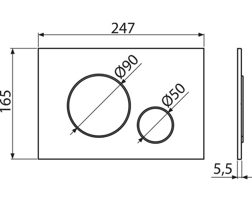 Technische Zeichnung einer Betätigungsplatte mit Maßen.