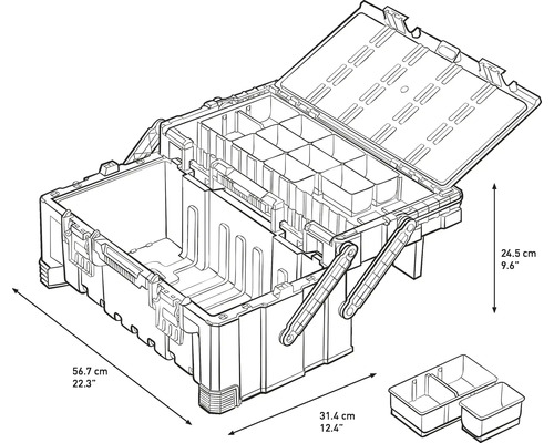 Geöffnete Werkzeugkiste mit Fächern und Maßen