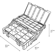 Boîte à outils ouverte avec plusieurs compartiments et indications de taille.
