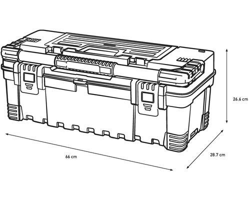 Illustration d'une boîte à outils mesurant 66 cm de long, 26,6 cm de haut et 28,7 cm de large.