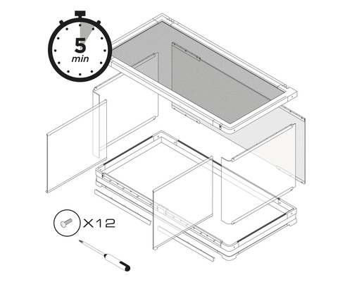 Illustration des Aufbaus eines Möbelstücks mit einer Montagezeit von 5 Minuten und 12 Schrauben