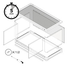 Explosionszeichnung eines Möbelstücks mit dem Symbol für eine Montagezeit von 5 Minuten und 12 Schrauben