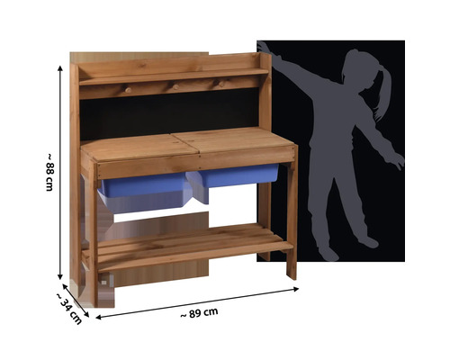 Kindermatschküche aus Holz mit Schubladen und Fächern, Abmessungen circa 88 x 89 x 34 Zentimeter