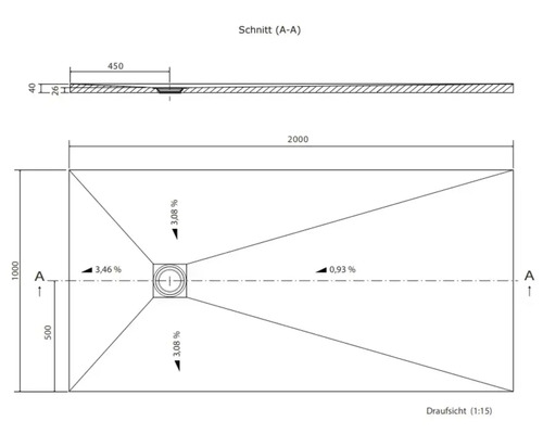 Technische Zeichnung einer Duschwanne mit Maßen.