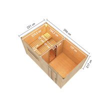 Illustration d'un sauna de jardin avec les dimensions 396 cm x 231 cm x 217 cm.