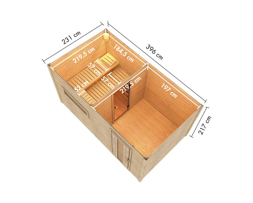 Illustration d'un sauna de jardin avec les dimensions 396 cm x 231 cm x 217 cm.