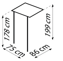 Technische Zeichnung eines Beistelltisches mit den Maßen 178 cm, 75 cm, 199 cm und 86 cm.