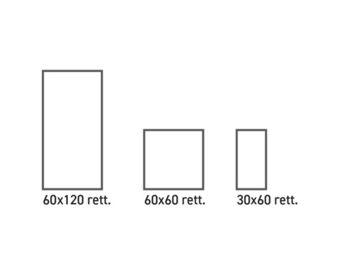 Schematesch Duerstellung vu Plättercher an de Gréissten 60x120, 60x60 an 30x60