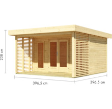 Abri de jardin en bois avec double porte et parois latérales à lamelles, dimensions 396,5 x 396,5 x 238 cm