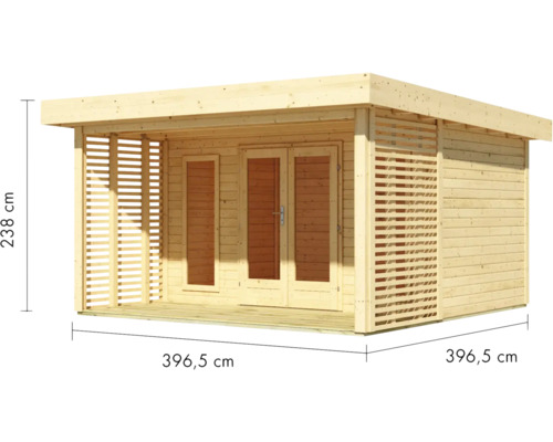 Abri de jardin en bois avec double porte et parois latérales à lamelles, dimensions 396,5 x 396,5 x 238 cm