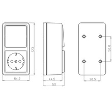 Schéma technique d'une combinaison interrupteur prise avec indications de dimensions