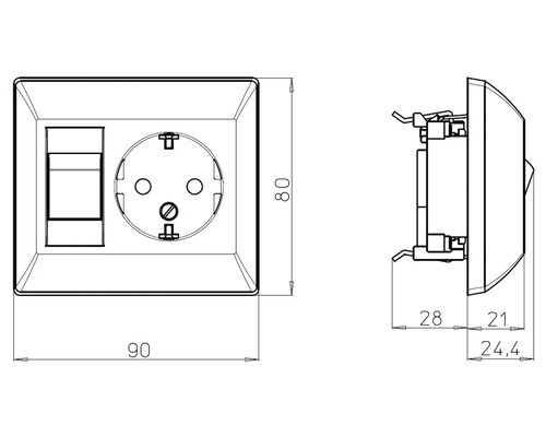 Dessin technique d'une prise de courant avec fusible et indications de dimensions