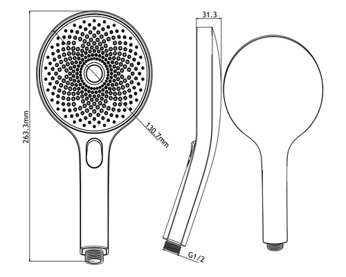Dessin technique d'une douchette à main avec indications de dimensions