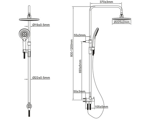 Technische Zeichnung einer Duschgarnitur mit Maßangaben