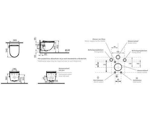 Schéma technique d'un WC avec des indications de dimensions pour l'installation