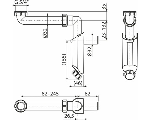 Schéma technique d'un siphon avec indications de dimensions