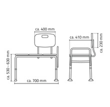 Schéma technique d'une chaise de douche avec dimensions