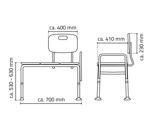 Schéma technique d'une chaise de douche avec dimensions