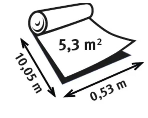 Illustration d'un rouleau de papier peint mesurant 10,05 mètres sur 0,53 mètre et d'une surface de 5,3 mètres carrés.