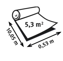 Illustration einer Tapetenrolle mit Maßangaben: 10,05 Meter Länge, 0,53 Meter Breite, 5,3 Quadratmeter Fläche