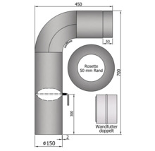 Technische Zeichnung eines Ofenrohrs mit Maßangaben