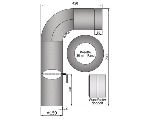 Technische Zeichnung eines Ofenrohrs mit Maßangaben