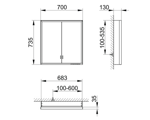 Schéma technique d'une armoire de toilette avec dimensions