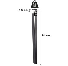 Pied de meuble d'une longueur de 745 mm et d'une capacité de charge de 50 kg.