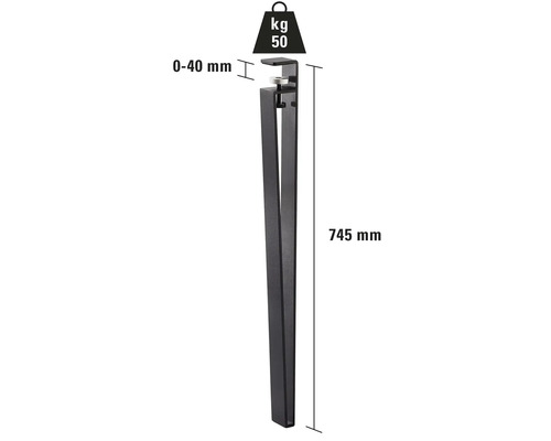 Pied de meuble d'une longueur de 745 mm et d'une capacité de charge de 50 kg.