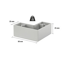 Eckfuß mit den Maßen 60 mm mal 25 mm und einer Belastbarkeit von 150 Kilogramm.