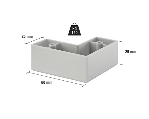 Eckfuß mit den Maßen 60 mm mal 25 mm und einer Belastbarkeit von 150 Kilogramm.