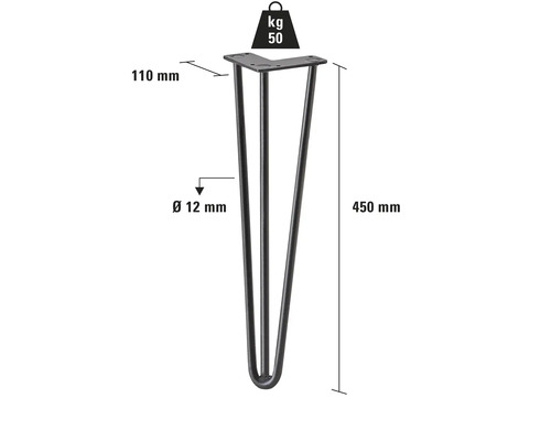 Pied de table en acier d'une longueur de 450 mm et d'une capacité de charge maximale de 50 kg