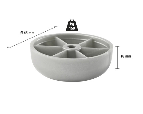 Pied de meuble en plastique de 45 mm de diamètre et 16 mm de hauteur, capacité de charge 150 kg