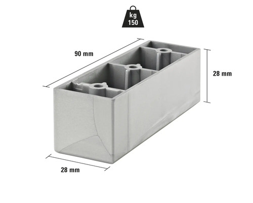 Möbelfuß aus Kunststoff mit den Maßen 90 mm x 28 mm x 28 mm und einer Traglast von 150 kg