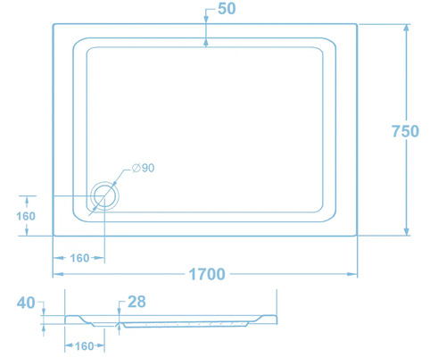 Technische Zeichnung einer Duschwanne mit Maßangaben
