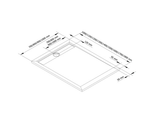 Technische Zeichnung einer Duschwanne mit Maßangaben